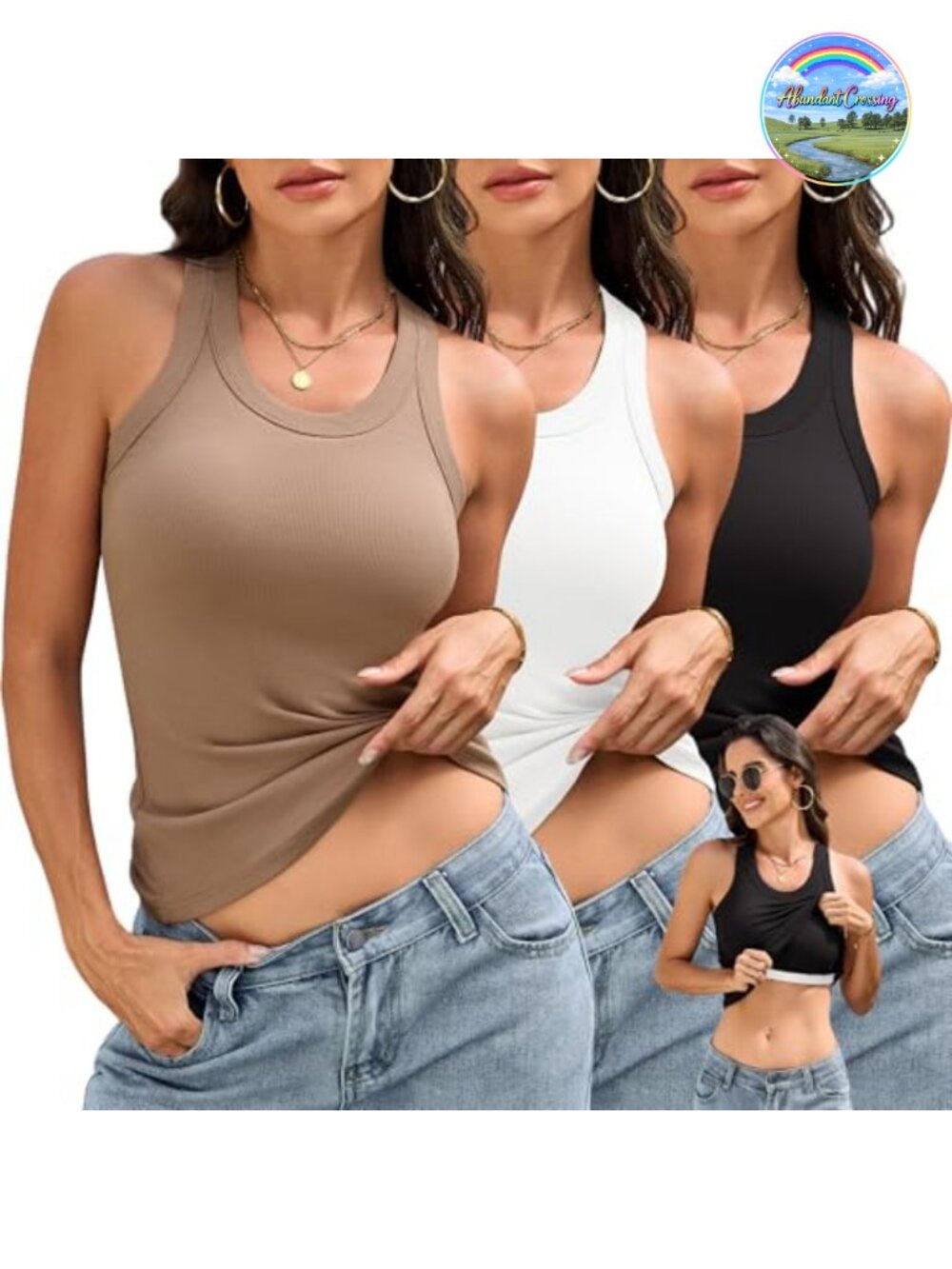 3 Pack Tank Tops with Built-In Bra Ribbed Racerback Sleeveless Scoop Neck